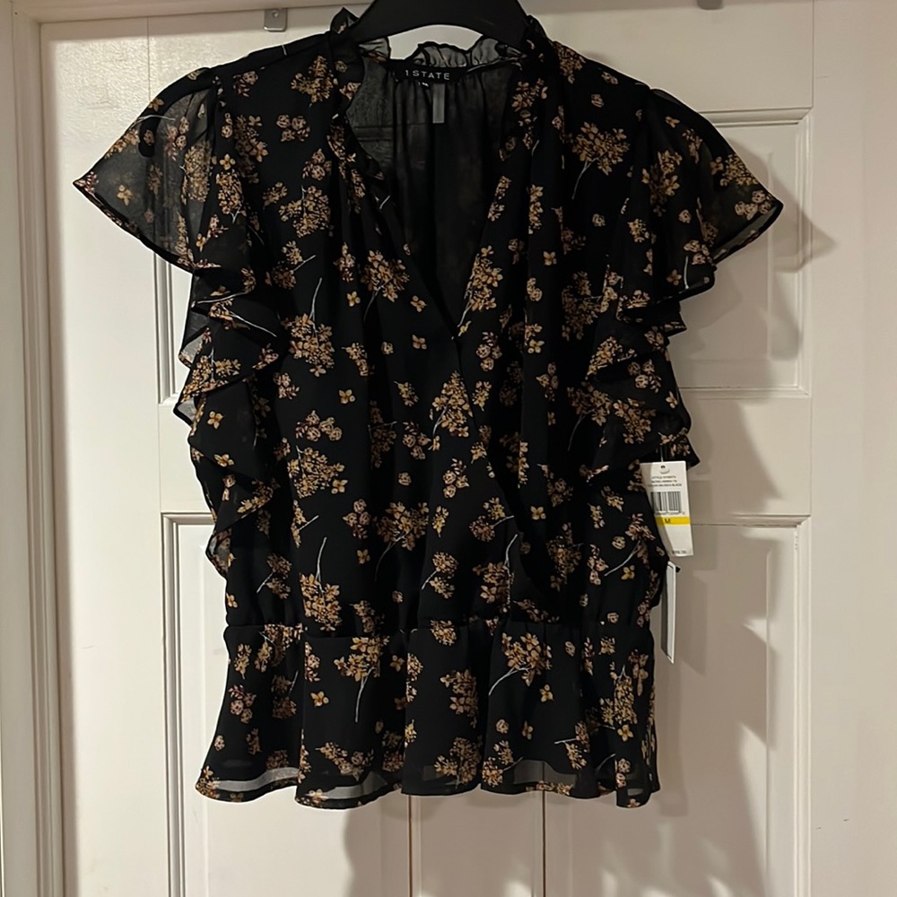 1. STATE women polyester, floral ruffle top, rich black.